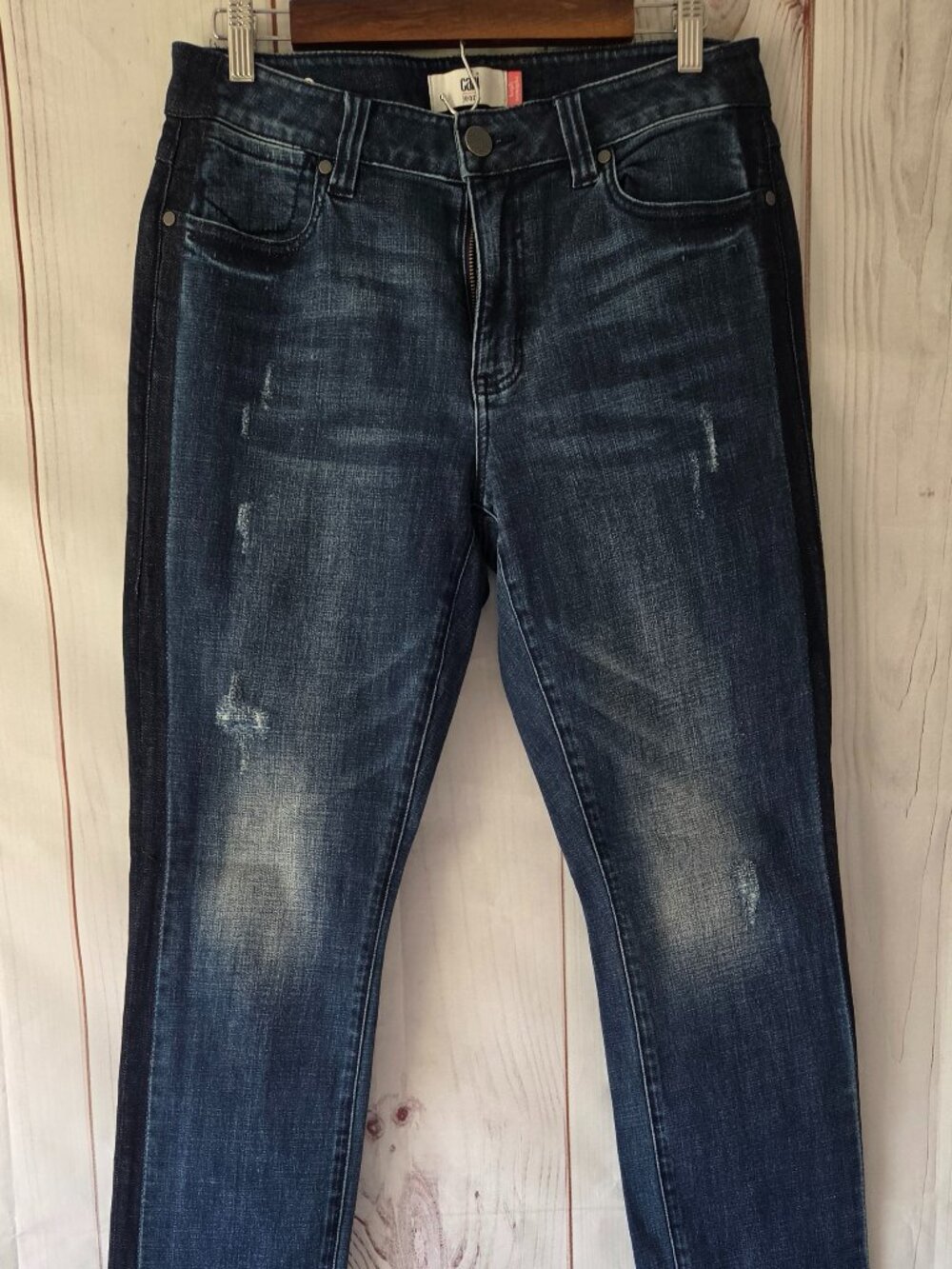Cabi Tuxedo High Straight Jeans Women 8, mid-rise, slight distressing tux stripe